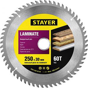 STAYER Laminate 250 x 30 мм 60Т, диск пильный по ламинату 3684-250-30-60