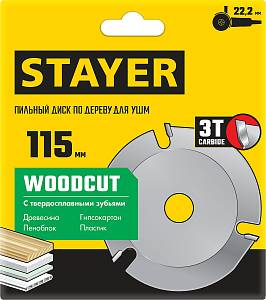 STAYER WOODCUT, 115 х 22.2 мм, 3 резца, для УШМ, пильный диск по дереву (36854-115)